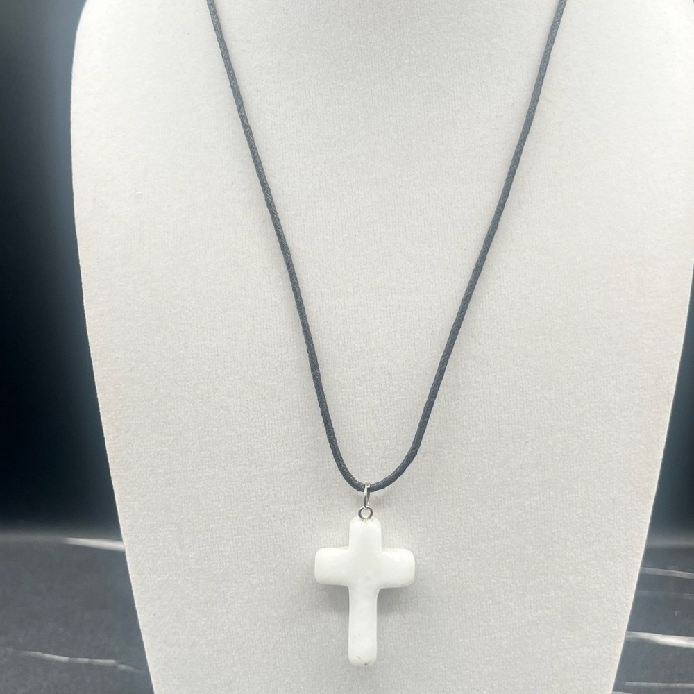 Vintage Chalcedony Cross Pendant Necklace Black Cord Spiritual Crystal Jewelry